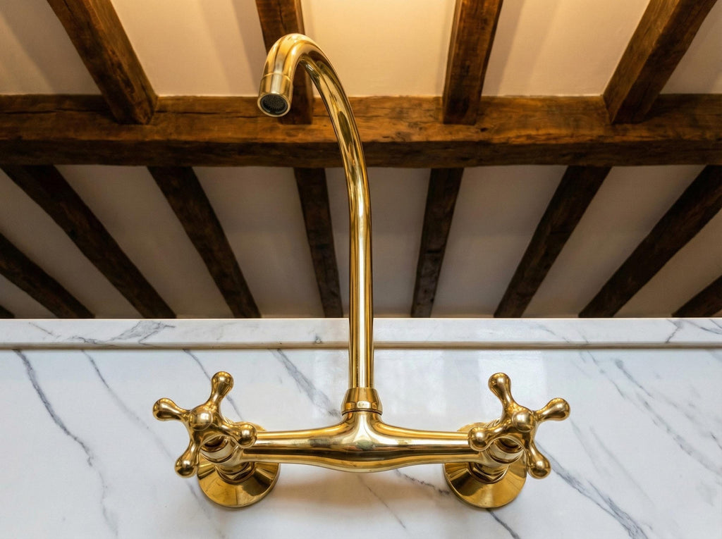 Unlacquered Brass Wall Mount Faucet, Handmade Gooseneck Kitchen Tap Water Mixer with Cross Handles