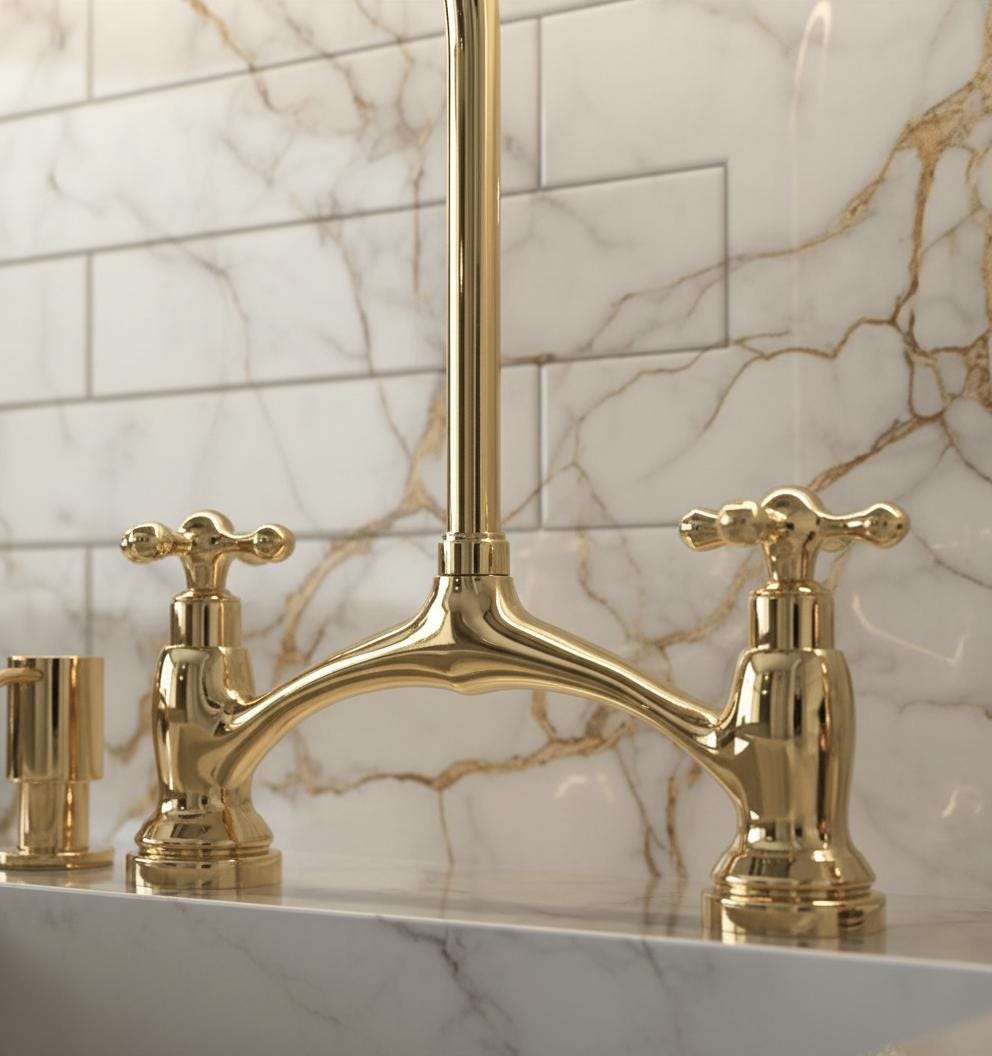 Unlacquered Brass Bridge Kitchen Faucet with Sprayer and Soap dispenser, Handmade Solid Brass Farmhouse Sink Mixer