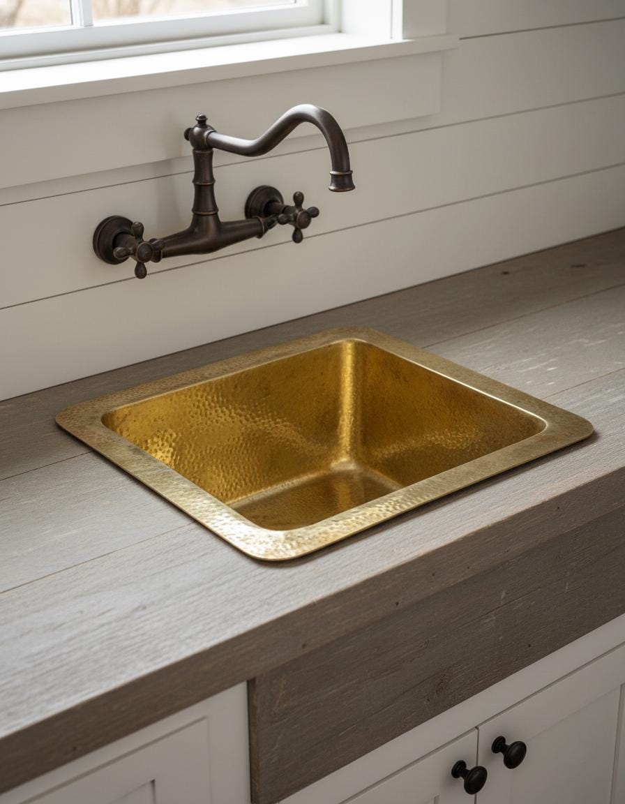 Handmade Solid Brass Bar Sink Square Hammered Undermount Prep Sink Unlacquered Brass Kitchen Sink