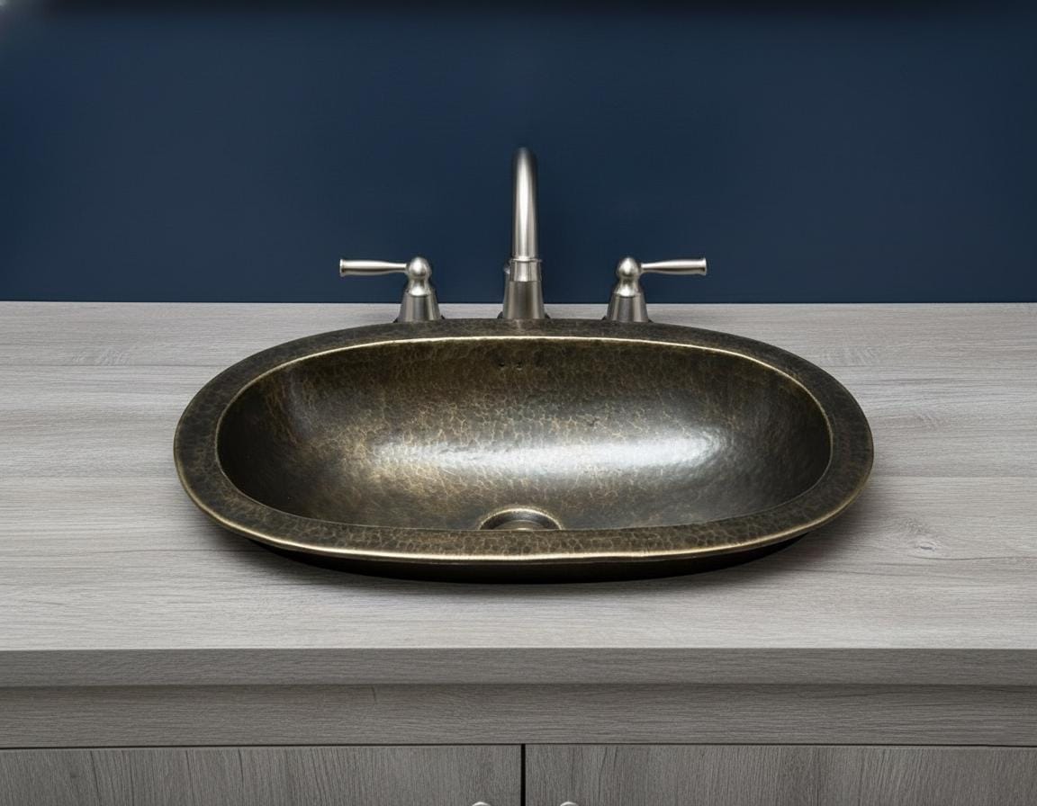 Handmade Oval Brass Vessel Basin – Hammered Antique Finish Bathroom Wash Bowl for Vanity Countertop