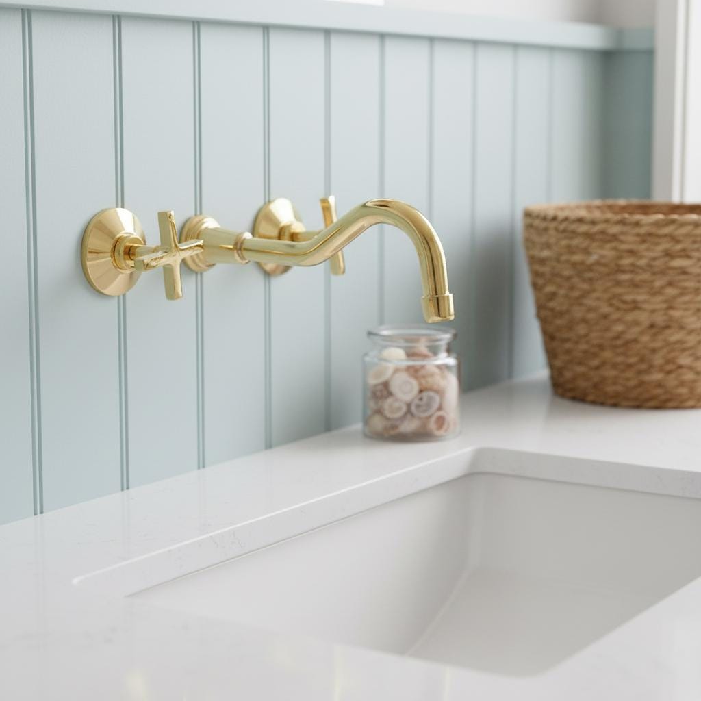 Unlacquered Solid Brass Wall Mount Faucet – Handmade Cross Handle Bathroom Mixer Or Bar Sink