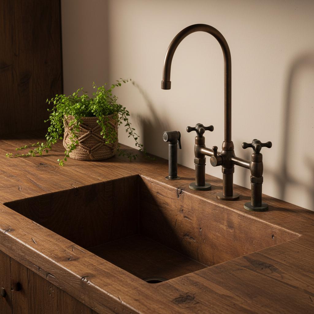 Brass Bridge Faucet with Sprayer – Handmade Kitchen Mixer Tap, Farmhouse Sink Faucet