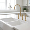 Unlacquered Brass Bridge Kitchen Faucet with Side Sprayer – Farmhouse Sink Mixer Tap, Solid Brass Fixture