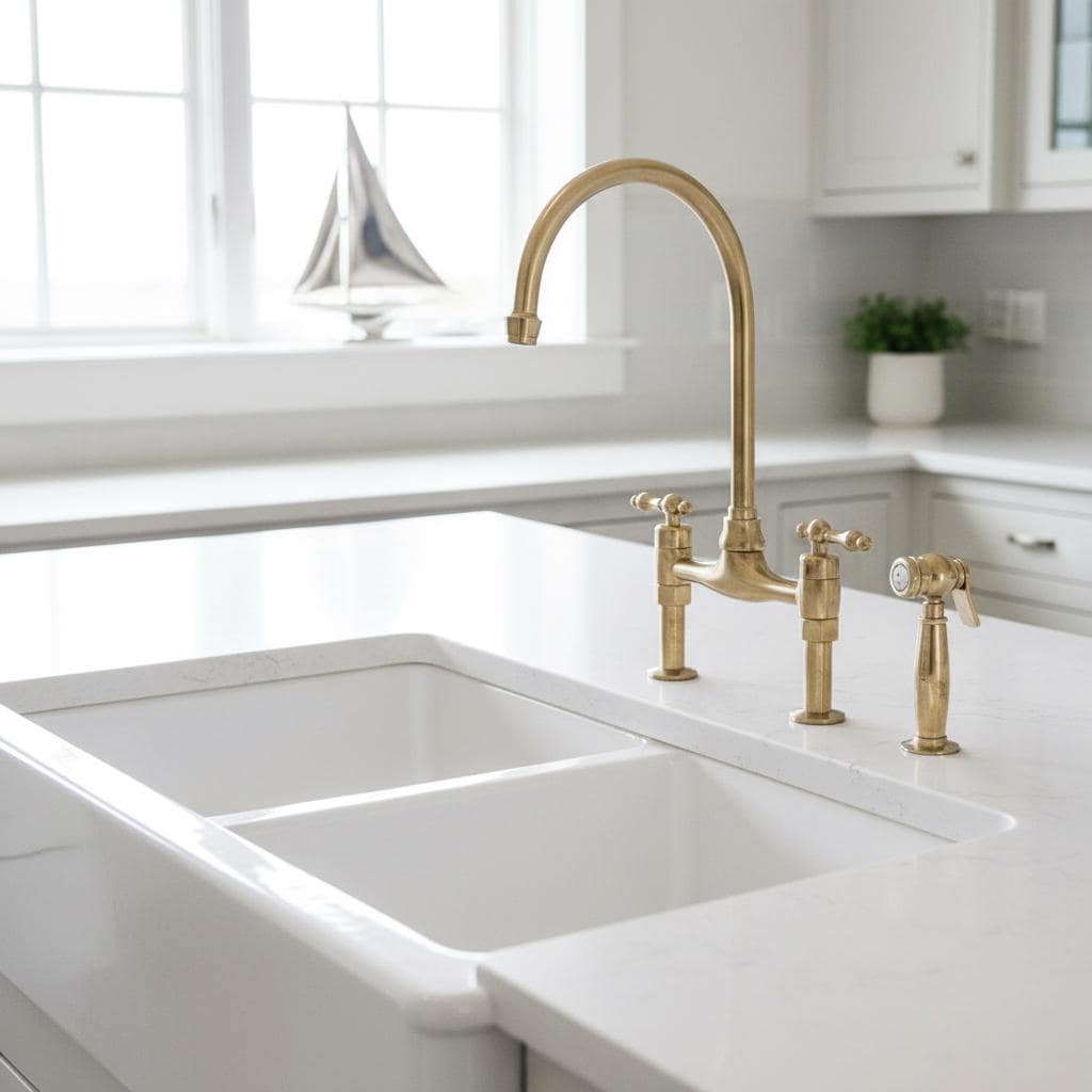 Unlacquered Brass Bridge Kitchen Faucet with Side Sprayer – Farmhouse Sink Mixer Tap, Solid Brass Fixture