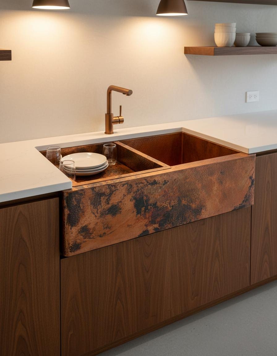 Copper Farmhouse Kitchen Sink – Double Basin Apron Front Workstation with Hammered Texture