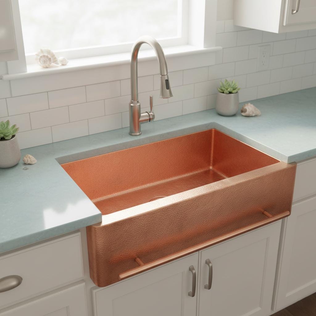 Handmade Rectangular Farmhouse Apron Front Copper Sink with Integrated Towel Bar