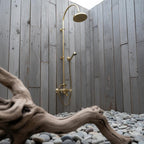 Curved Brass Shower System – Unlacquered Solid Brass Gooseneck Rain Shower with Handheld Sprayer