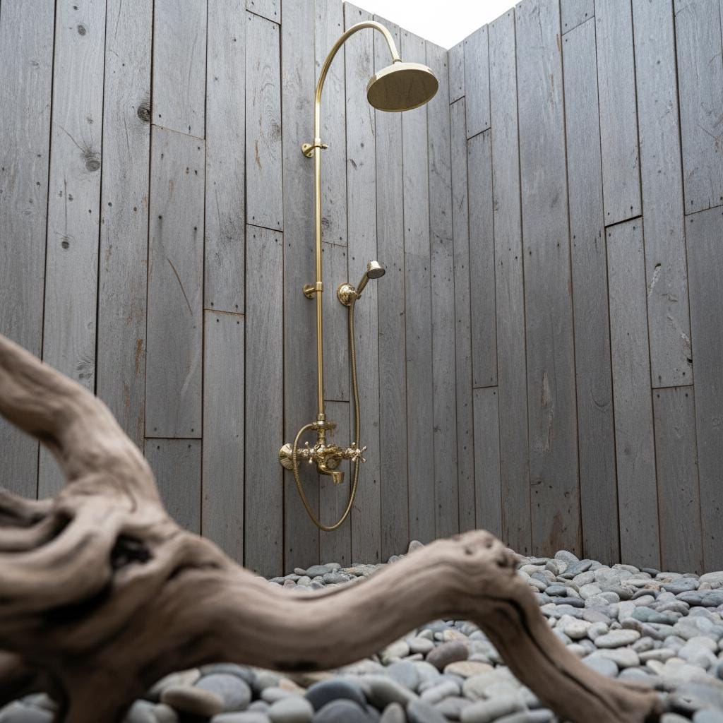 Curved Brass Shower System – Unlacquered Solid Brass Gooseneck Rain Shower with Handheld Sprayer