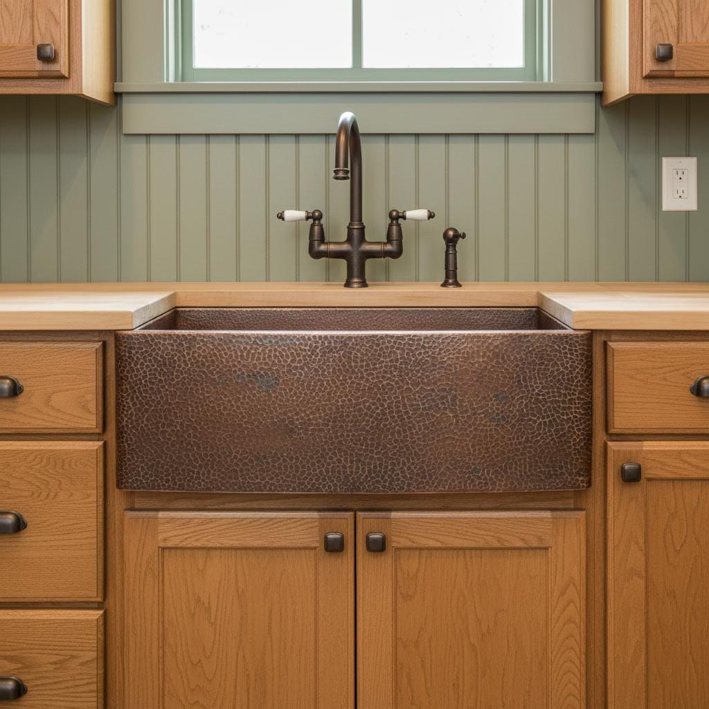 Handmade Hammered Apron Front Farmhouse Sink Solid Copper Single Bowl with Oil Patina