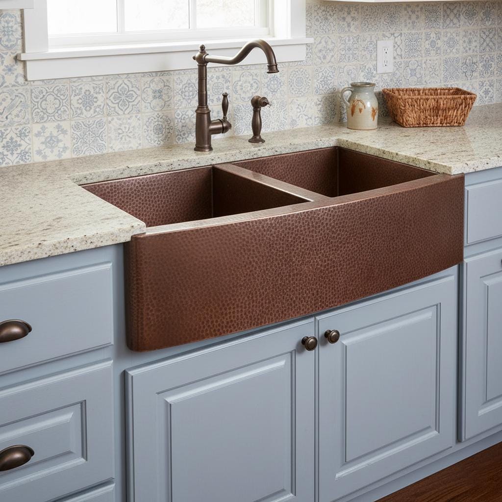 Handmade Hammered Copper Farmhouse Apron Front Double Bowl Sink for Modern Luxury Kitchen Designs