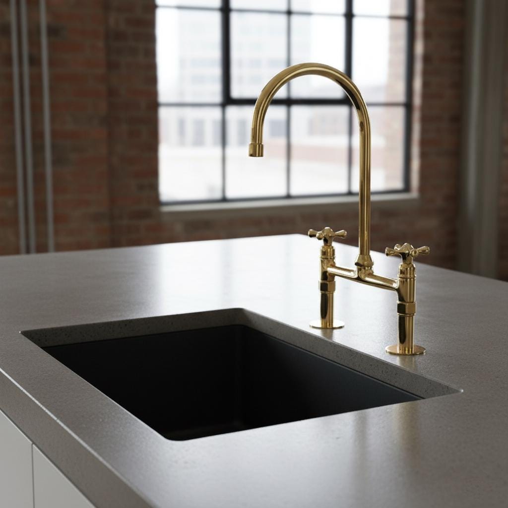 Unlacquered Brass Bridge Kitchen Faucet, Farmhouse Sink Mixer Tap, Vintage Gooseneck Faucet Fixture