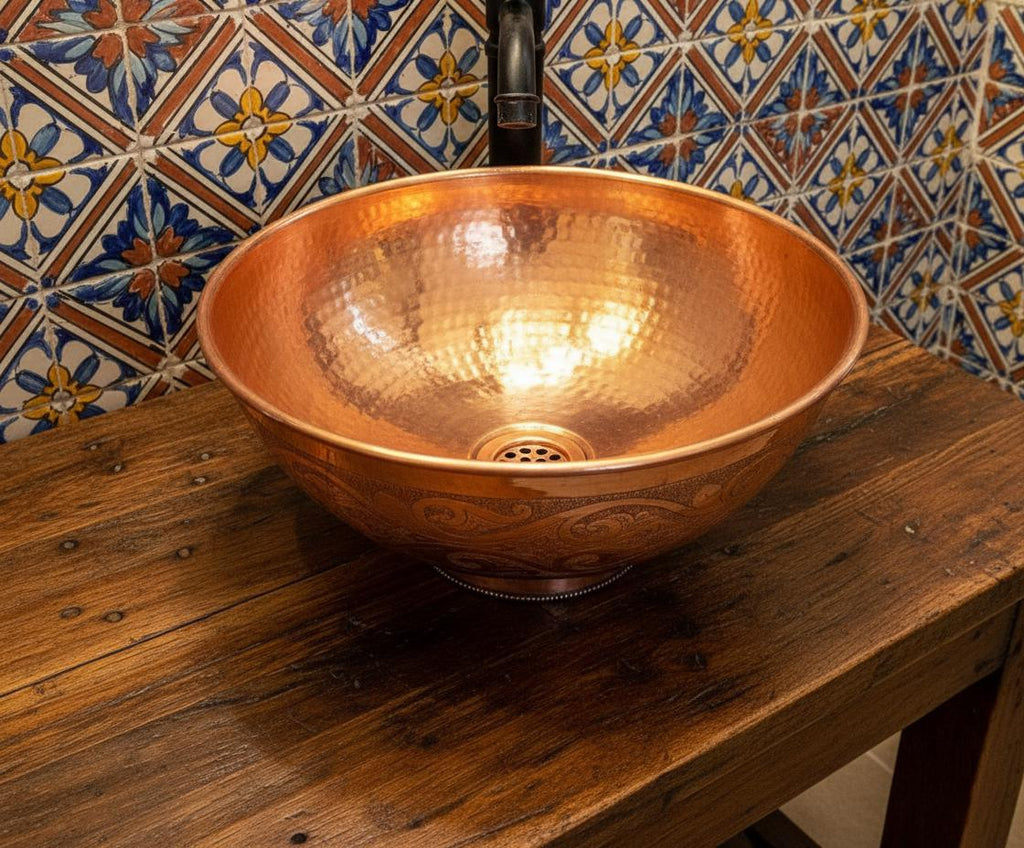 Handmade Solid Copper Vessel Sink with Engraved Bowl Design, Bathroom Vanity Countertop Basin