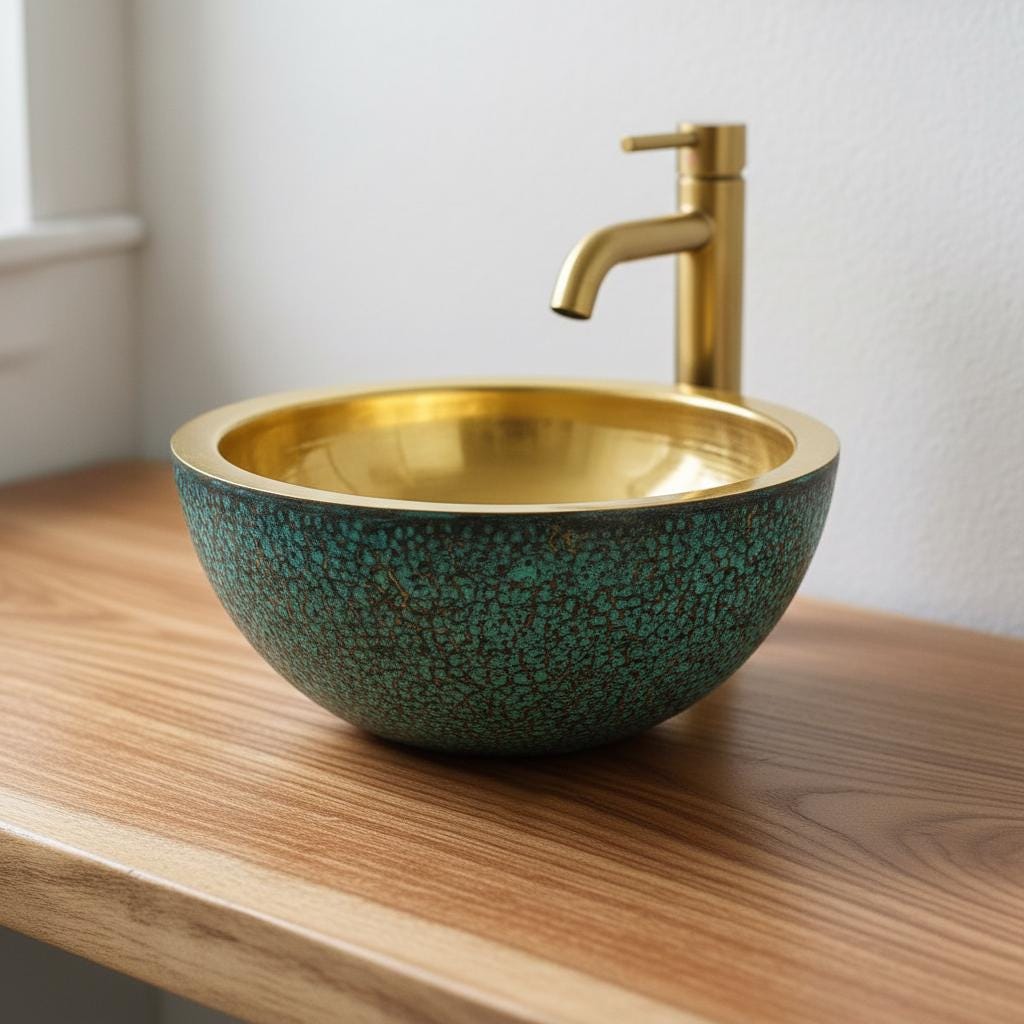 Handmade Green Patina Brass Vessel Sink: Bathroom Bowl for Vanity or Powder Room