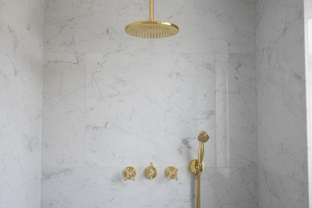 Unlacquered Solid Brass Ceiling Shower System – Complete Handcrafted Bathroom Set with Rain Head, Handheld & Mixer