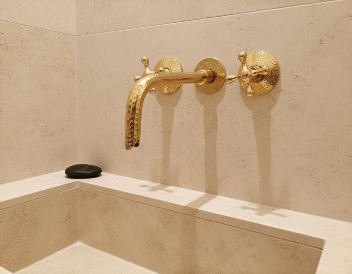 Unlacquered Solid Brass Hammered Wall Mount Faucet – Handmade Cross Handle Bathroom Mixer