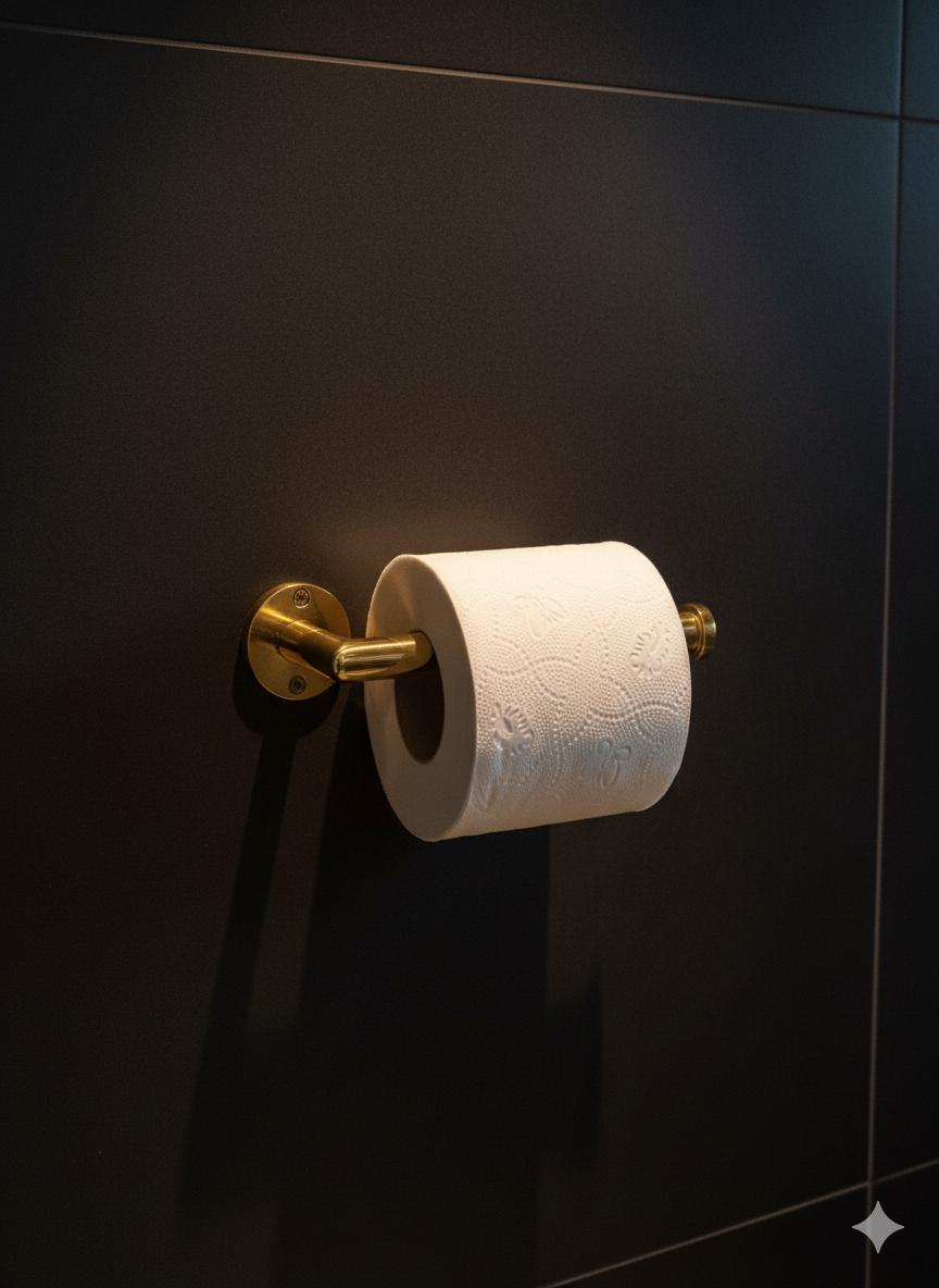 Roll of toilet paper on a gold holder against a dark wall