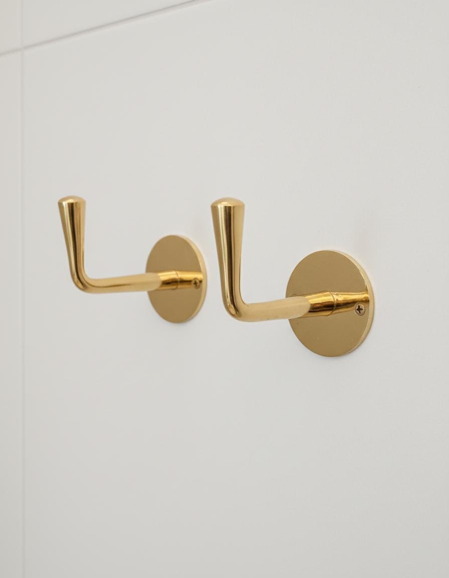 2 Pcs Unlacquered Brass Wall Hooks – Minimalist Solid Brass Coat & Towel Hangers
