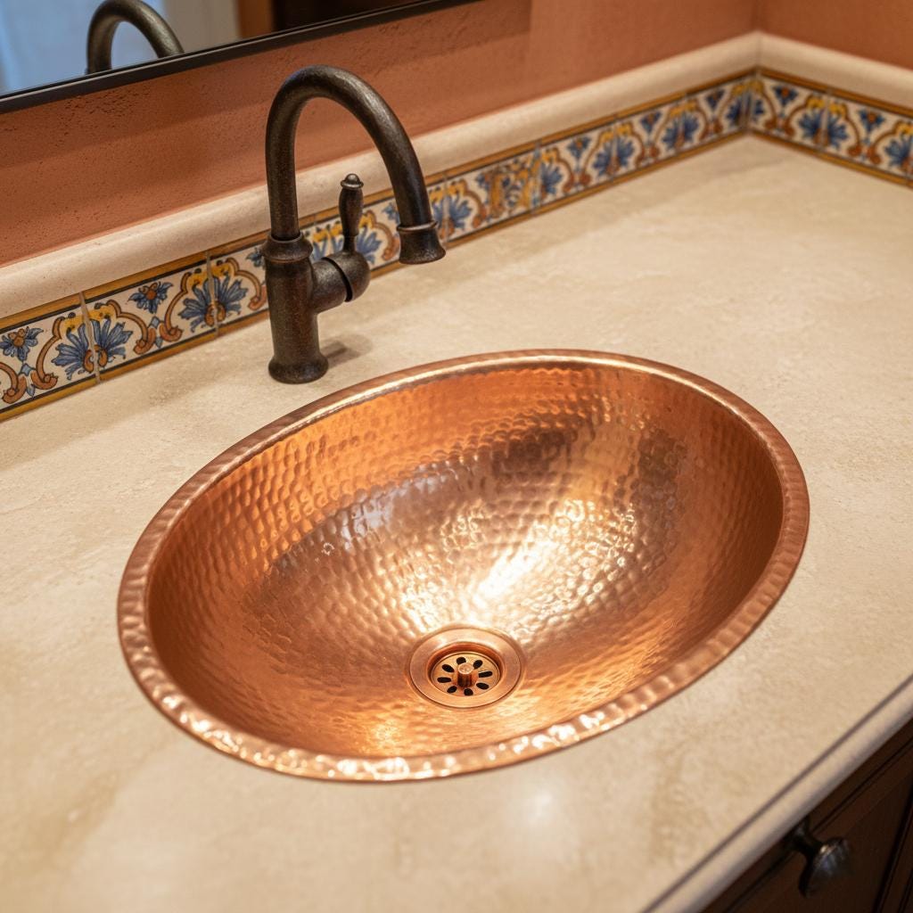 Handmade Oval Undermount Copper Bathroom Sink with Hammered Texture and Free Pop Up Drain