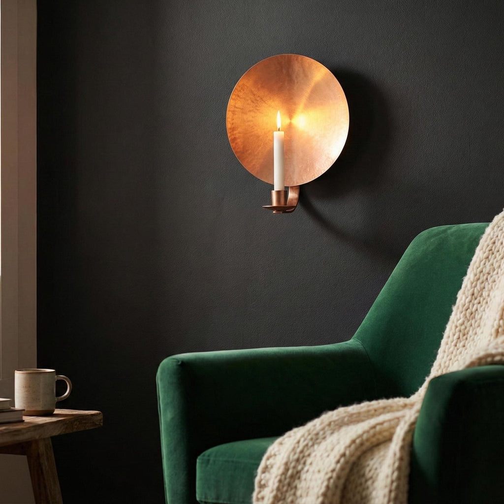 Handcrafted Copper Wall Candle Holder Sconce, Hammered Disc Taper Holder