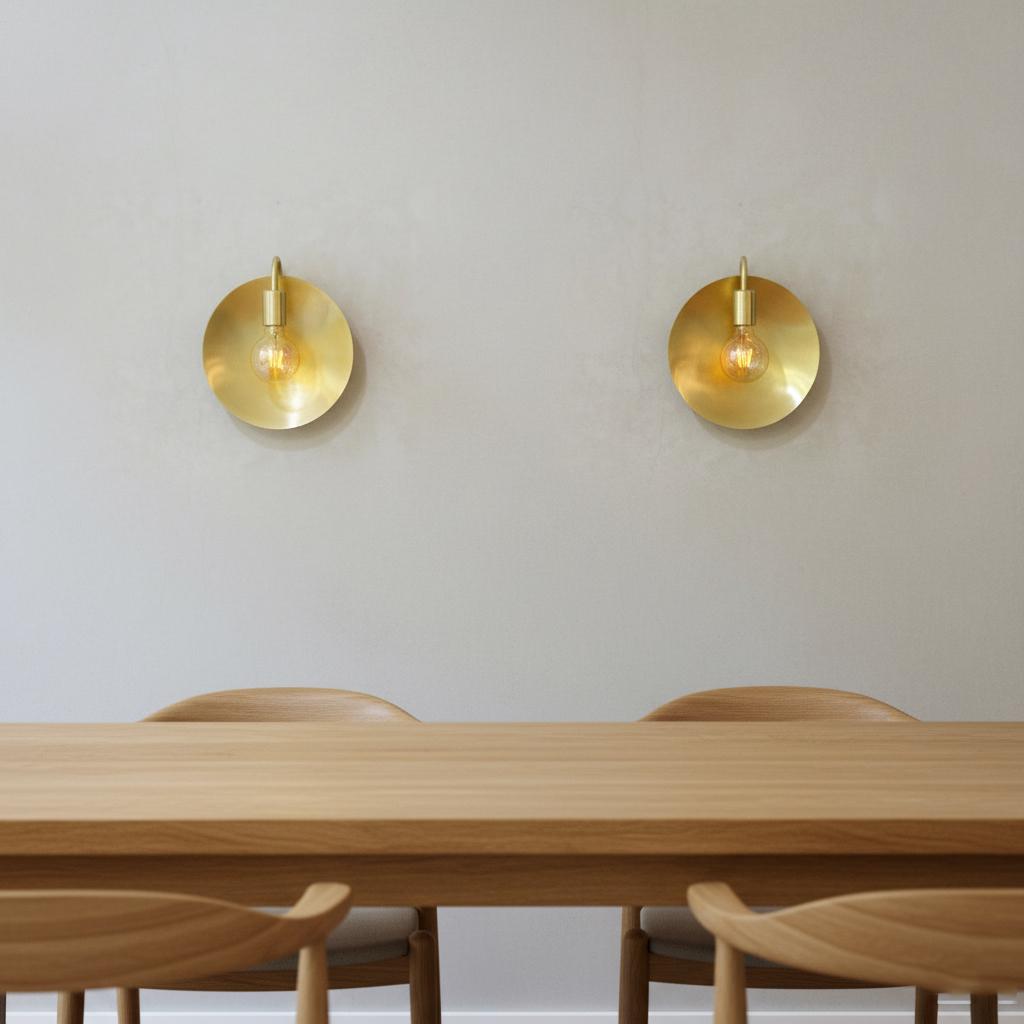 Unlacquered Brass Wall Light – Helios Inspired Round Backplate Sconce with Exposed Bulb