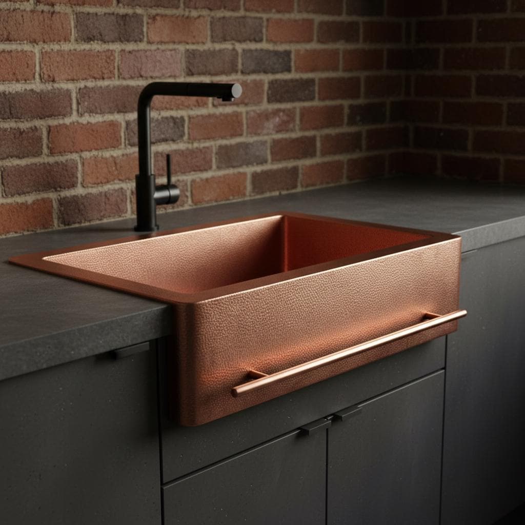 Handmade Rectangular Farmhouse Apron Front Copper Sink with Integrated Towel Bar