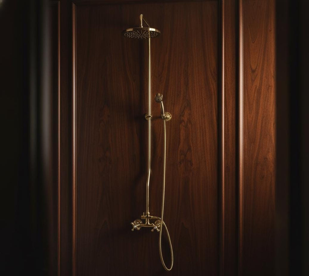 Unlacquered Brass Rainfall Shower with Handheld Sprayer & Cross Handles, Exposed Shower System