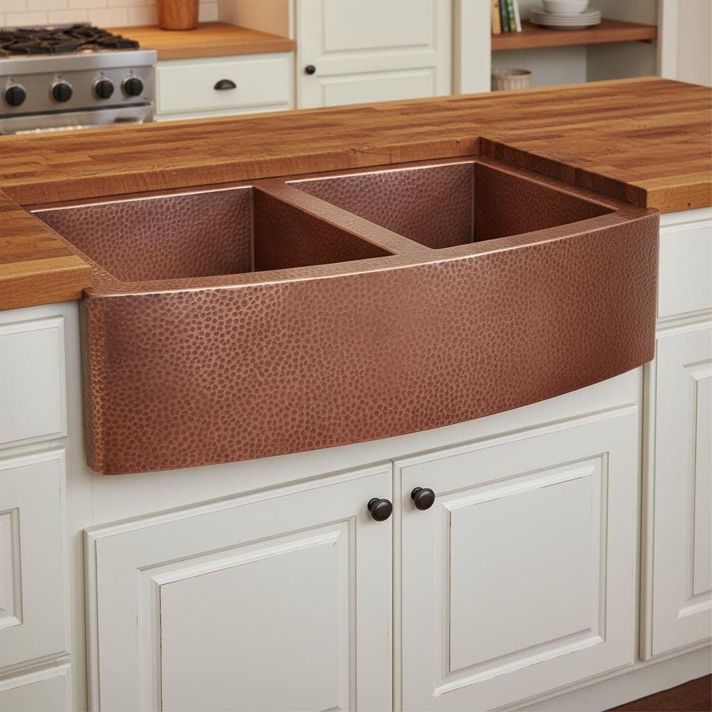 Handmade Solid Copper Double Bowl Farmhouse Sink with Hammered Apron Front for Modern Kitchens