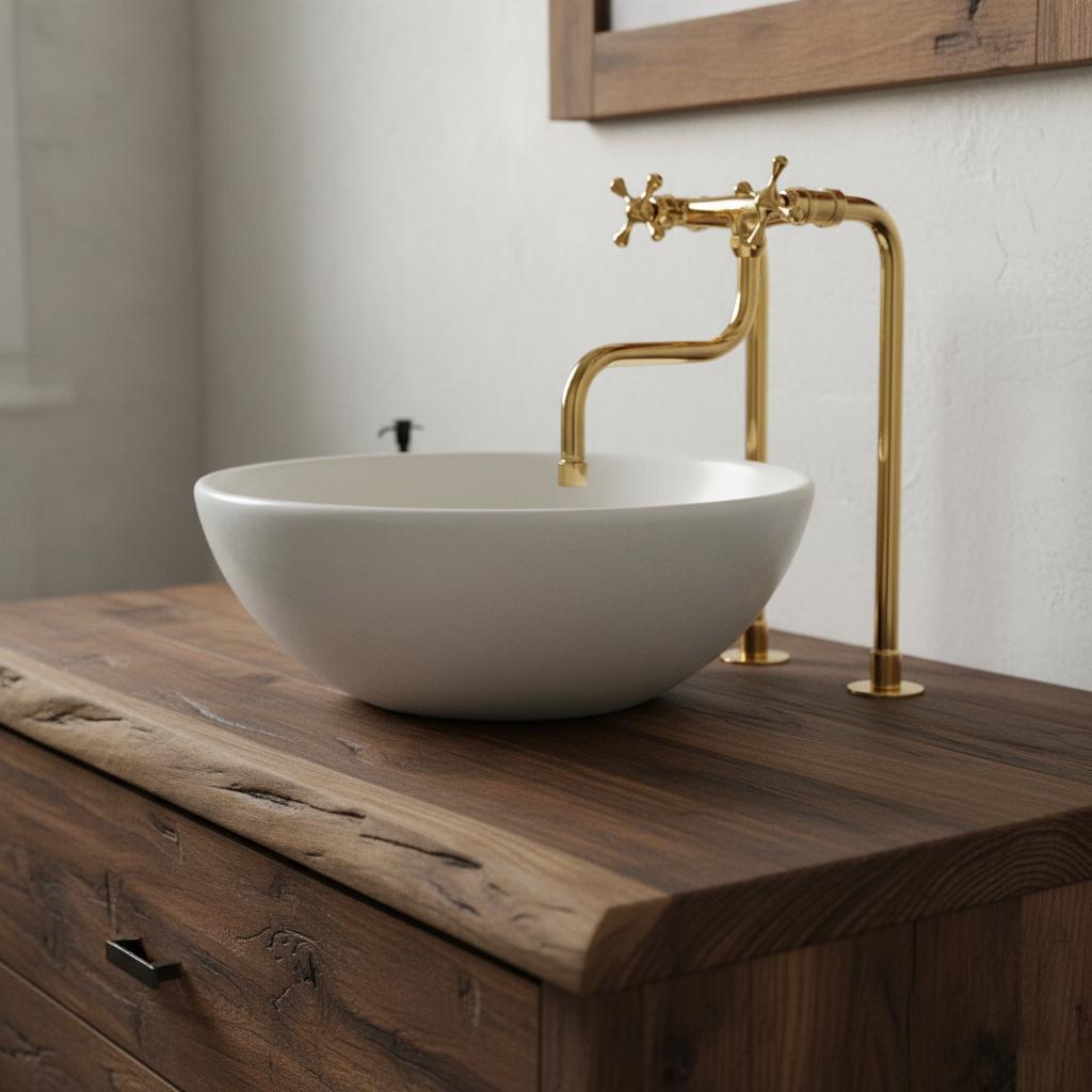 White sink on a wooden vanity with gold faucet