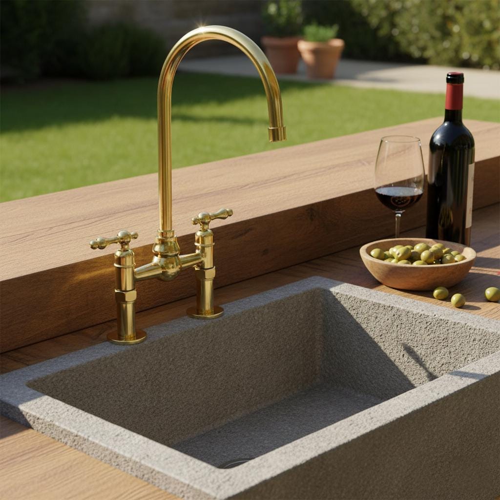 Polished Solid Brass Bridge Faucet, Handmade Kitchen Mixer Tap with Gooseneck Spout for Farmhouse Sinks