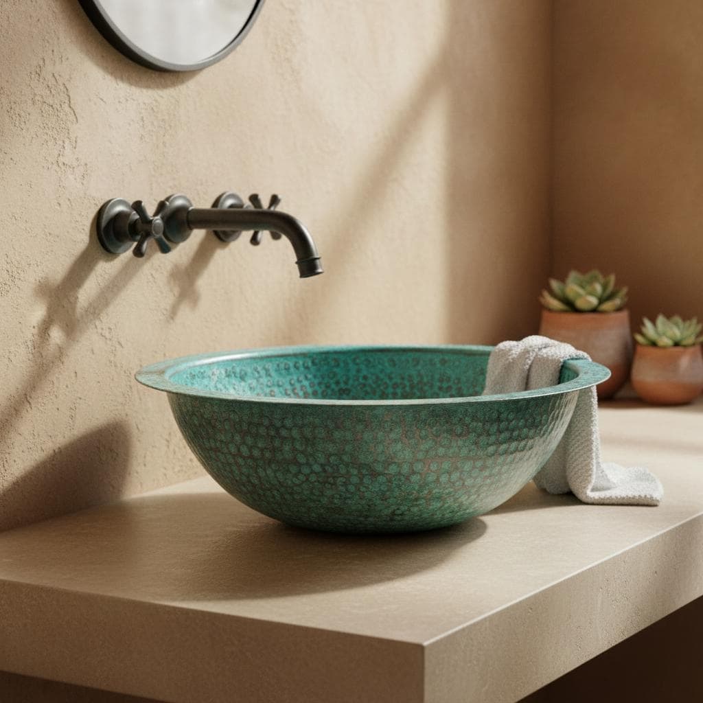 Handmade Round Verdigris Copper Vessel Sink with Green Patina Hammered Finish for Bathroom Vanity