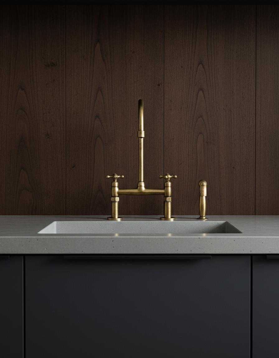 Unlacquered Brass Bridge Faucet with Side Sprayer – Farmhouse Kitchen Sink Mixer, Solid Brass Tap Fixture