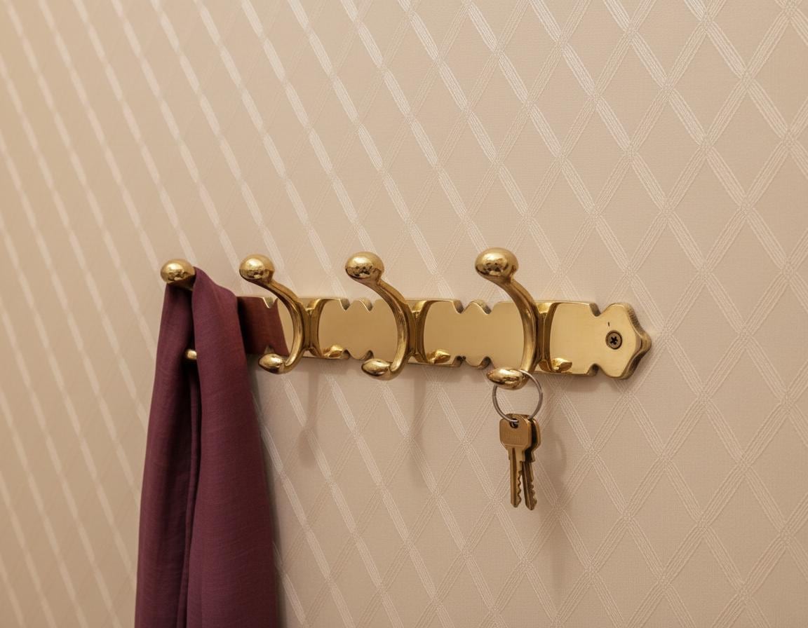 Gold wall hook with a purple cloth and keys on a beige wall.