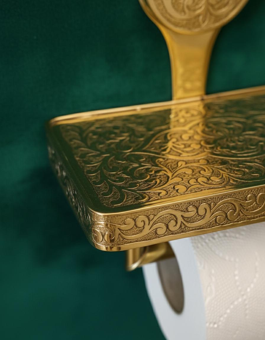 Engraved Solid Brass Toilet Paper Holder with Shelf – Unlacquered Luxury Bathroom Fixture