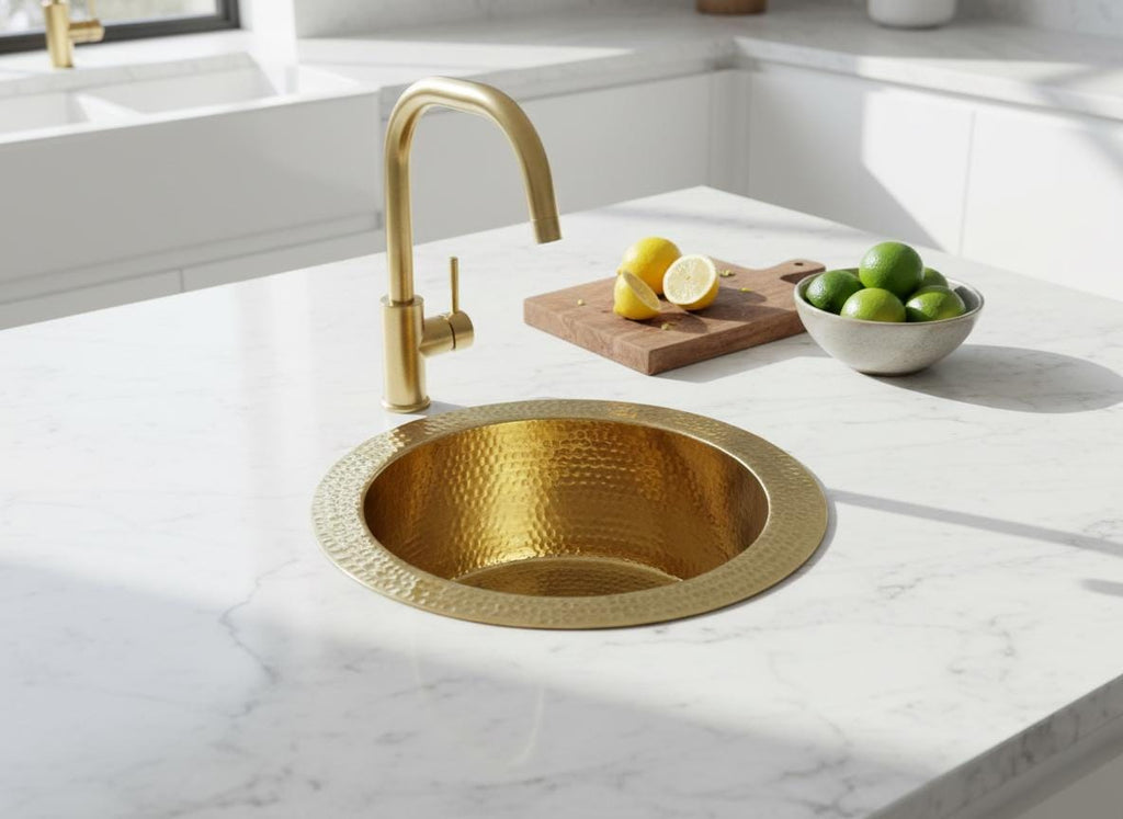Handmade Hammered Round Brass Bar Sink Solid Brass Prep Basin for Wet Bars