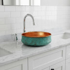 Handmade Turquoise Patina Copper Vessel Sink with Polished Interior for Luxury Bathroom Designs