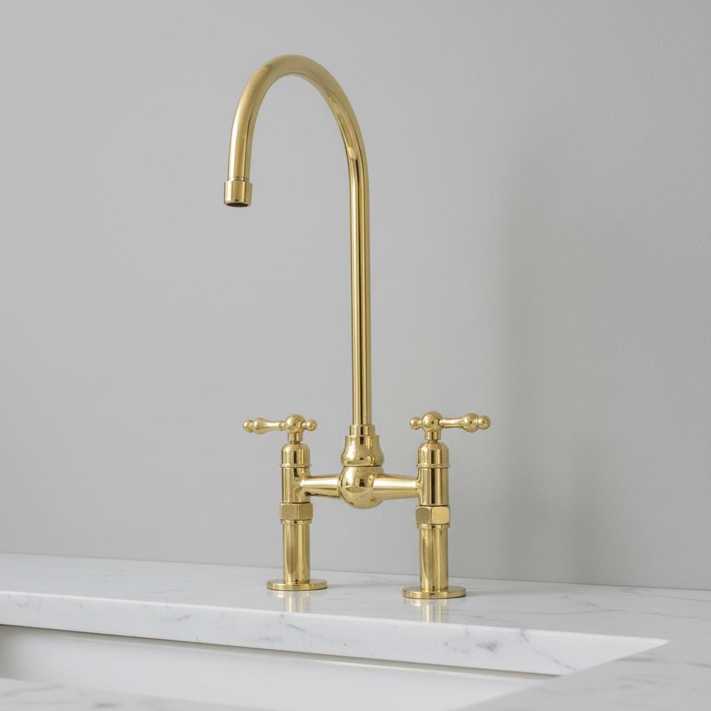 Polished Solid Brass Bridge Faucet, Handmade Kitchen Mixer Tap with Gooseneck Spout for Farmhouse Sinks