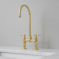 Polished Solid Brass Bridge Faucet, Handmade Kitchen Mixer Tap with Gooseneck Spout for Farmhouse Sinks