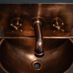 Handmade Aged Patina Copper Wall Mounted Bathroom Sink with Integrated Backsplash and Matching Mixer Faucet
