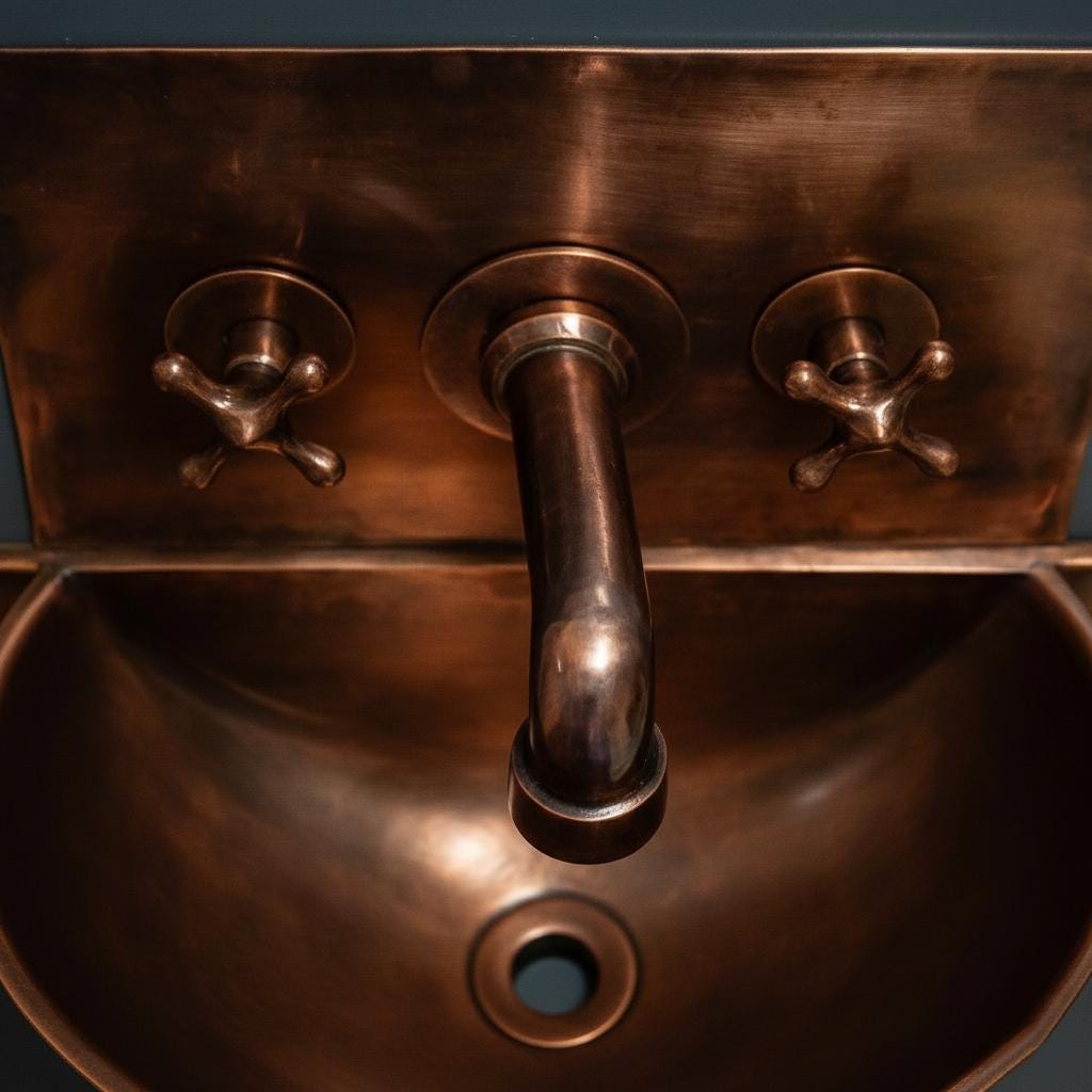 Handmade Aged Patina Copper Wall Mounted Bathroom Sink with Integrated Backsplash and Matching Mixer Faucet