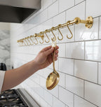 Solid Brass Kitchen Rail with Hooks – Unlacquered Hanging Utensil Bar for Wall