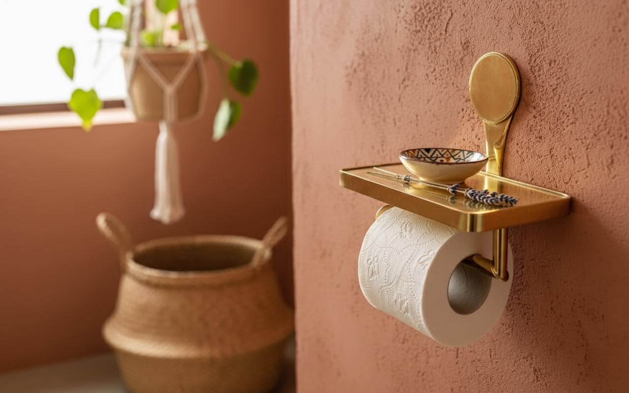Gold wall-mounted shelf with a roll of toilet paper against a pink wall.