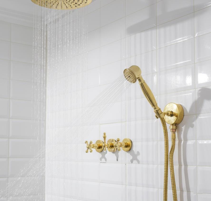 Unlacquered Solid Brass Gooseneck Shower System – 3-Handle Wall Mount Rainfall Shower with Handheld Sprayer