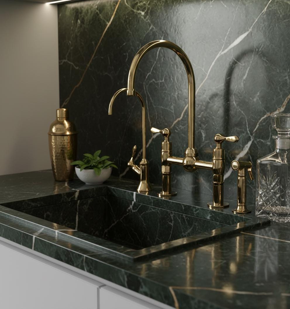 Unlacquered Brass Bridge Faucet Set – Handmade Solid Brass Kitchen Mixer with Filter Tap and Sprayer for Farmhouse Sinks