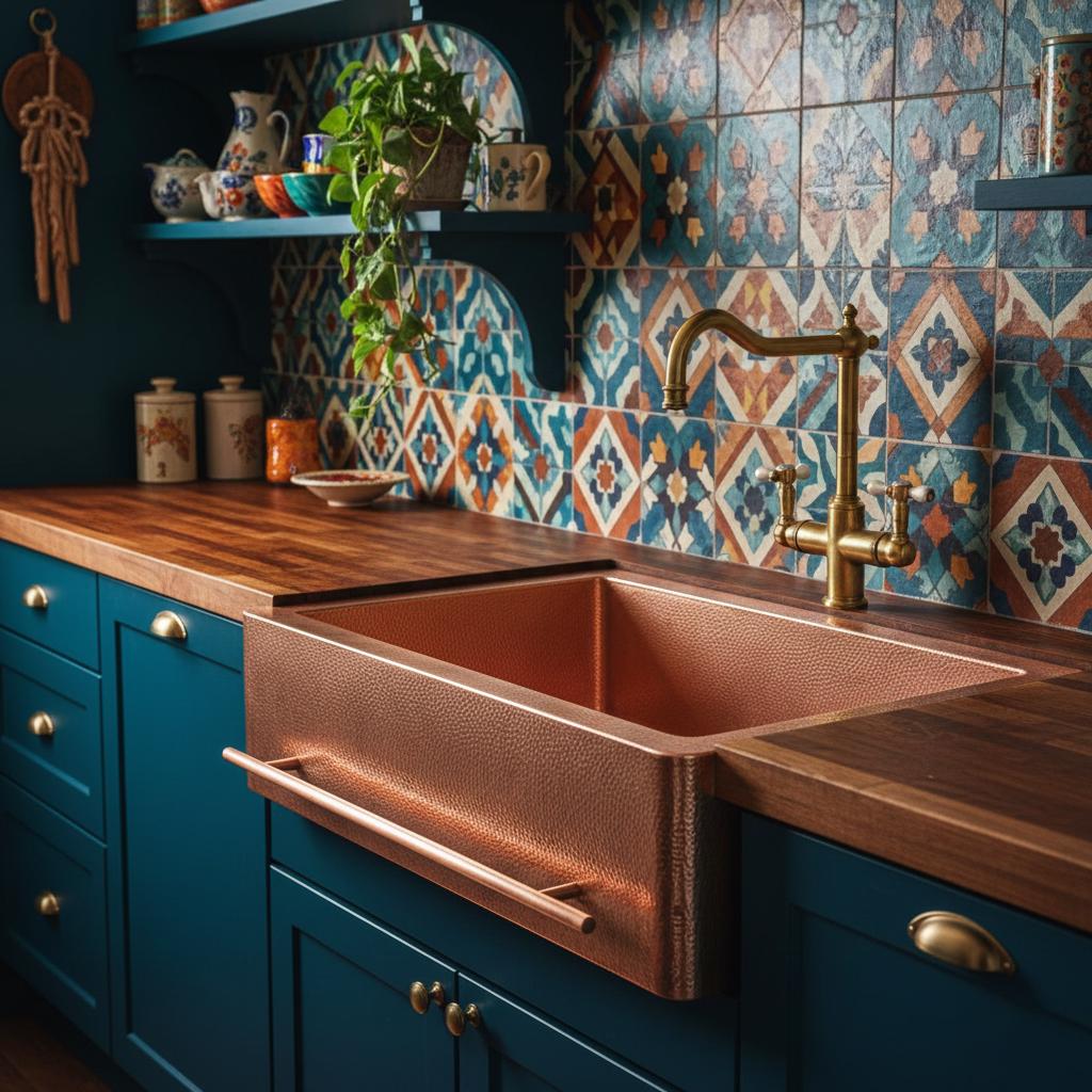 Handmade Rectangular Farmhouse Apron Front Copper Sink with Integrated Towel Bar