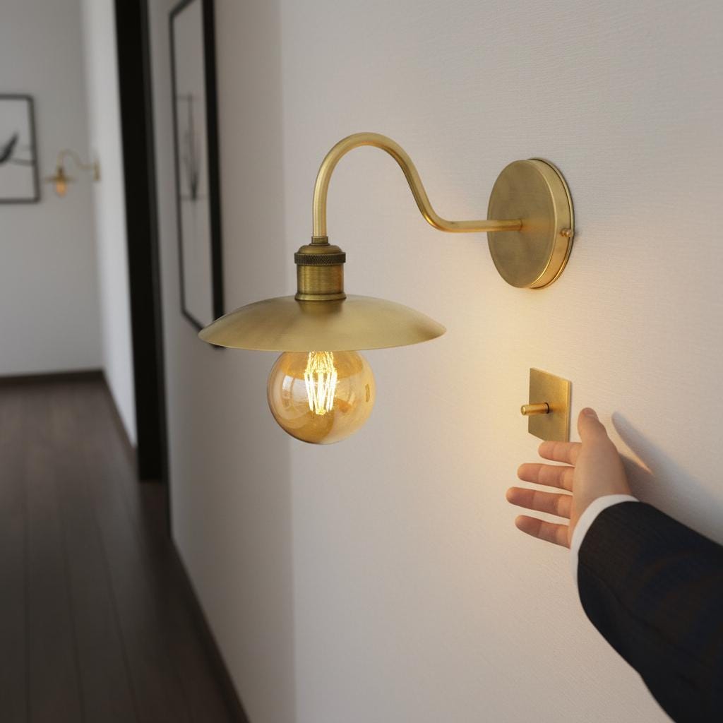 Unlacquered Brass Wall Light – Handmade Curved Arm Sconce with Wide Shade and Edison Bulb