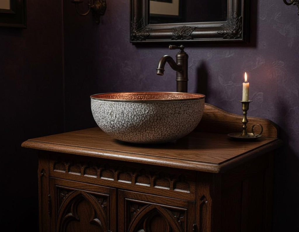 Handmade White Crackle Patina Copper Vessel Sink with Hammered Interior for Stylish Luxury Bathrooms