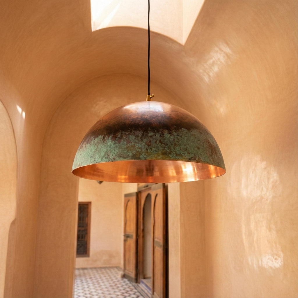 Handmade Copper Pendant Light with Green Patina – Rustic Dome Hanging Ceiling Lamp for Patio, Pergola & Dining Areas