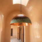Handmade Copper Pendant Light with Green Patina – Rustic Dome Hanging Ceiling Lamp for Patio, Pergola & Dining Areas