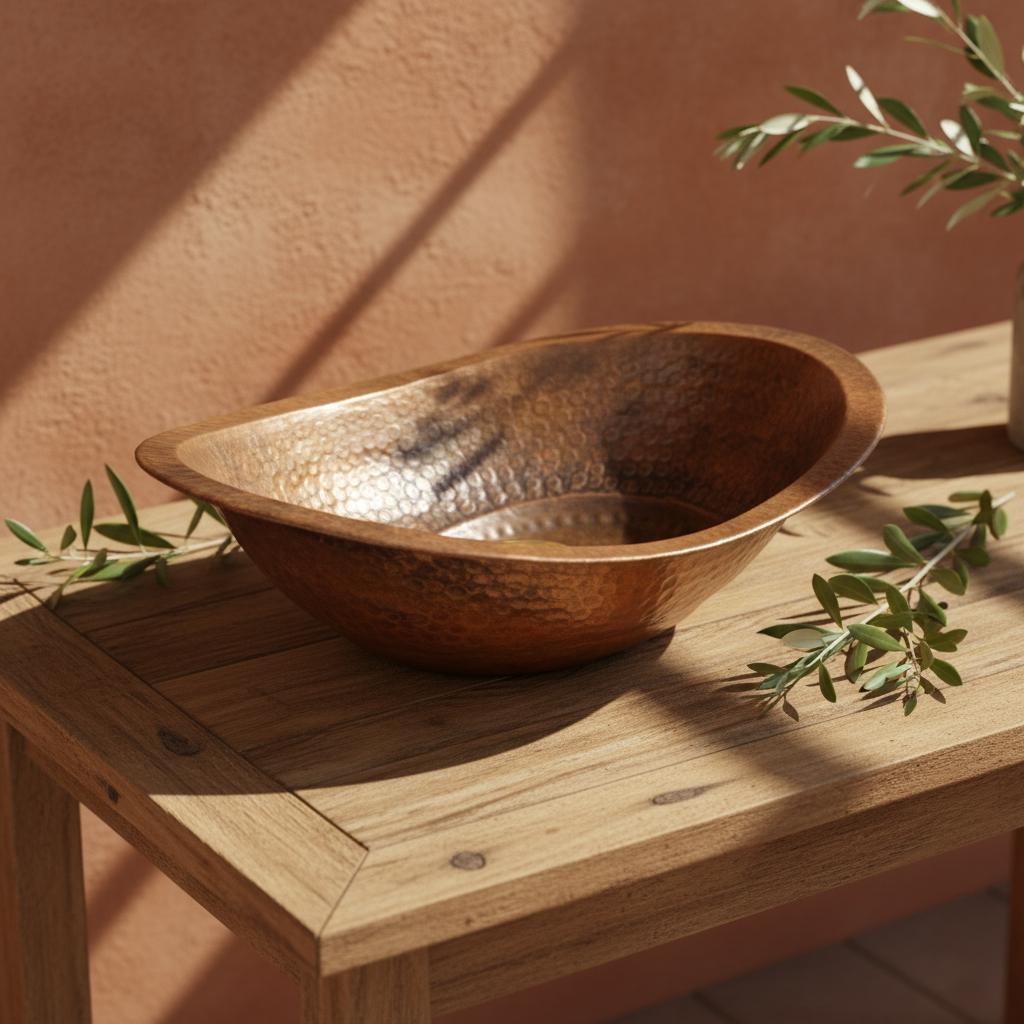 Handmade Hammered Copper Vessel Sink: Oval Bathroom Countertop Basin, Rustic Farmhouse Copper Wash Bowl