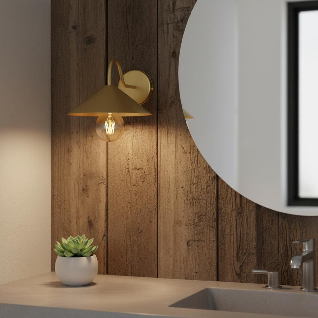 Unlacquered Brass Wall Light – Handmade Cone Shade Sconce with Curved Arm for Outdoor & Indoor